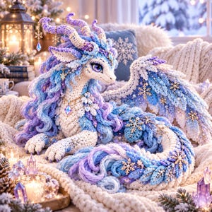 Pode incluir: Uma figura de dragão em crochê com uma paleta de cores branca, azul-clara e lavanda. A criatura tem grandes olhos roxos, asas intrincadas e uma longa crina fluida. É adornada com pingentes de floco de neve em tom dourado e cristais.