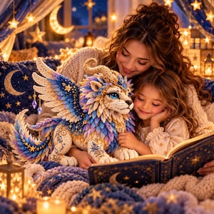 May include: A handcrafted crochet creature featuring a lion-like face, curled horns, and large feathered wings in shades of blue, purple, and cream. The figure is adorned with gold star accents and dangling purple crystals, showcasing intricate needlework.