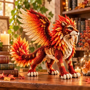 May include: A crocheted creature resembling a winged saber-toothed lion with a vibrant gradient of red, orange, and yellow yarn. It features large feathered wings, a thick mane, long white fangs, and detailed paws with white claws.