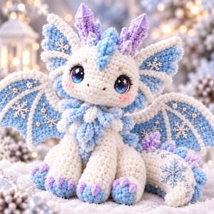 May include: A crocheted dragon plush toy featuring white, light blue, and lavender yarn. The creature has large blue eyes, snowflake-shaped embellishments on its wings and tail, and purple crystal-like spikes along its head and back.