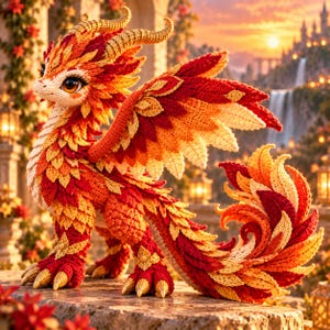 May include: A crochet dragon figurine featuring a vibrant color palette of red, orange, and yellow. The creature has large dark eyes, textured leaf-like scales, expansive wings, a long curled tail, and gold-colored claws and horns.