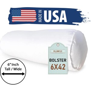 May include: White bolster pillow with a Pillowflex label that says "Bolster 6x42". The pillow is 6 inches tall and wide. The label is light blue with brown text. The background is white with a red, white, and blue American flag and the words "Made in USA" in a blue banner.