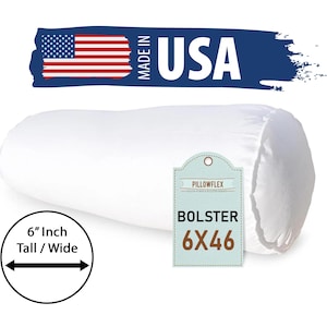 May include: White bolster pillow with a 6x46 inch size label. The label is light blue with brown text and says "Pillowflex Bolster 6x46". The pillow is made in the USA.