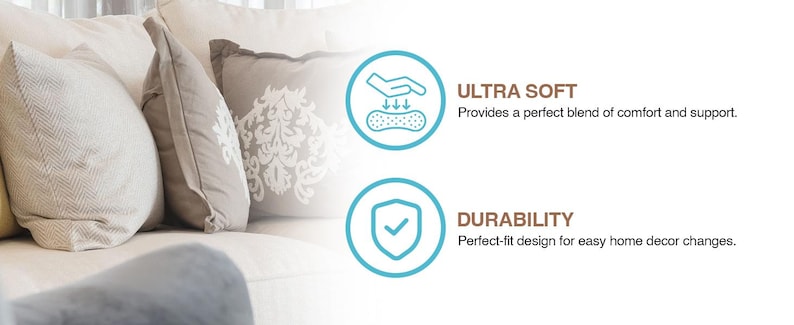 Pillowflex synthetic down pillow inserts are ultra soft and durable.  The pillow is full and plump and will hold its shape.  Best european couch pillow.  Made in USA.