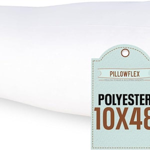 May include: White cylindrical pillow filled with polyester fiber. The pillow is 10 inches in diameter and 48 inches long. The label reads "Pillowflex" and "Polyester 10x48".