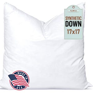 May include: A white, synthetic down pillow with a "Made in USA" label and a tag that reads "Pillowflex Synthetic Down 17x17".