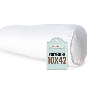 May include: White cylindrical pillow with a blue and white tag that says "Pillowflex Polyester 10x42".