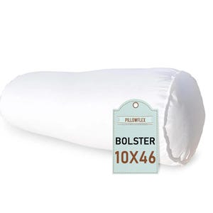 May include: White bolster pillow with a blue and white label that says "Pillowflex" and "Bolster 10x46".