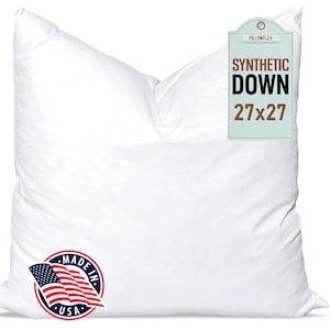 May include: A white pillow with a label that reads "Synthetic Down 27x27" and a label that reads "Made in USA" with an American flag.