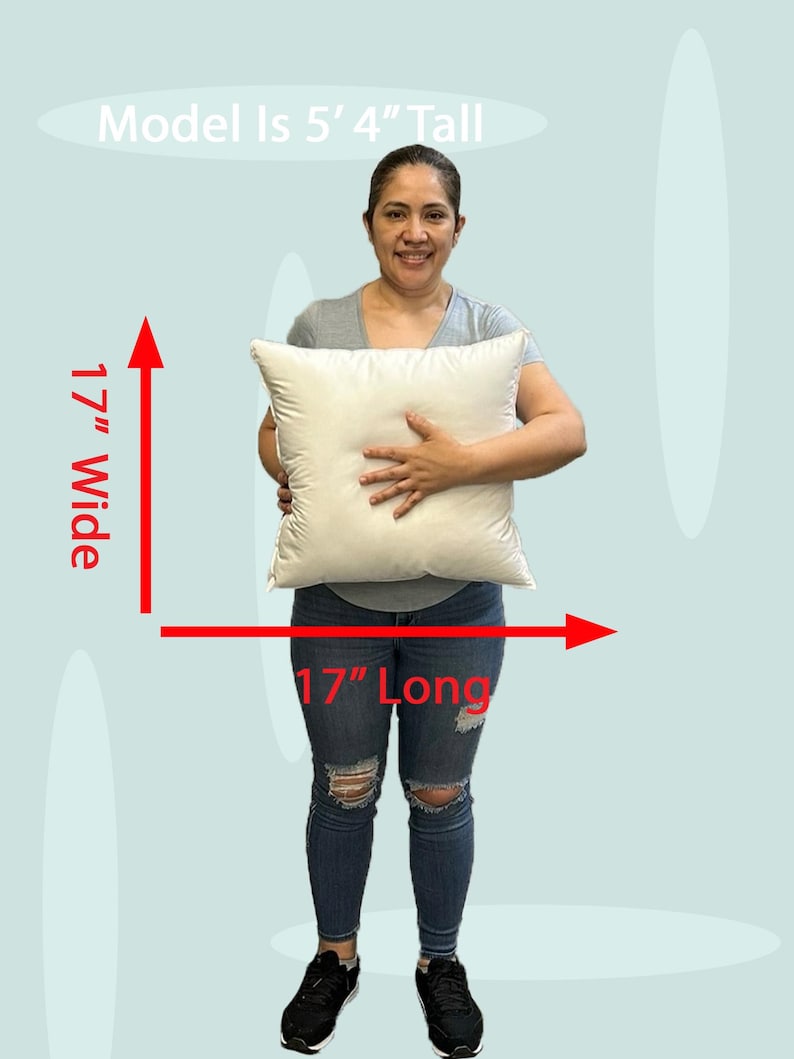 Lady holding a small 17x17 pillow insert to demonstrate the size of the pillow form and how do I correctly measure my sham.  What size insert does an 16x16 sham need?  17 by 17 pillow inserts best fits a 16 by 16 decorative pillow sham.  What size pillow does my decorative sham need.  What size pillow insert does my 17 by 17 pillow cover need?