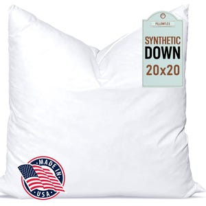 May include: A white 20x20 inch pillow made with synthetic down filling. The pillow has a "Made in USA" label with an American flag. The label also says "Pillowflex Synthetic Down 20x20".