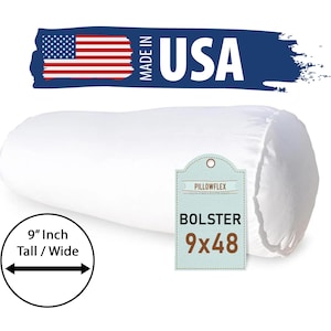May include: White bolster pillow with a label that reads "Pillowflex Bolster 9x48". The pillow is 9 inches tall and wide. The label is on a light blue background with brown text. The image also includes a red, white, and blue American flag with the text "Made in USA" on a blue background.