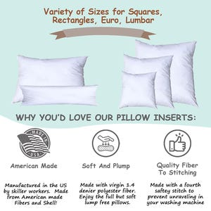 Pillowflex offers pillow inserts in a variety of shapes and sizes, including euro, square, rectangle, lumbar, bed pillows, and custom oversize pillows. All pillows are machine washable.