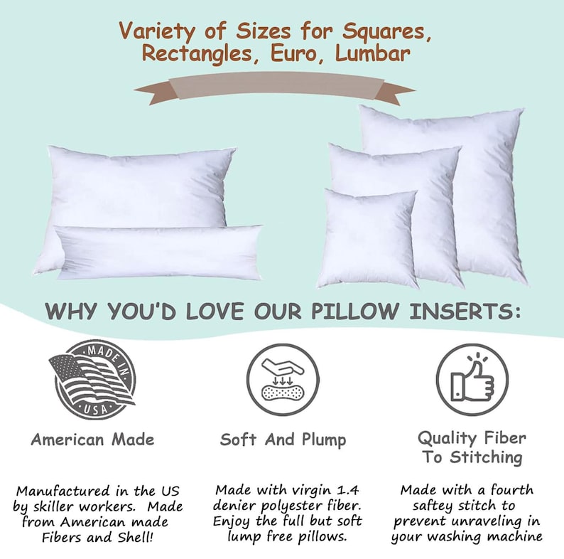 Pillowflex offers pillow inserts in a variety of shapes and sizes, including euro, square, rectangle, lumbar, bed pillows, and custom oversize pillows. All pillows are machine washable.
