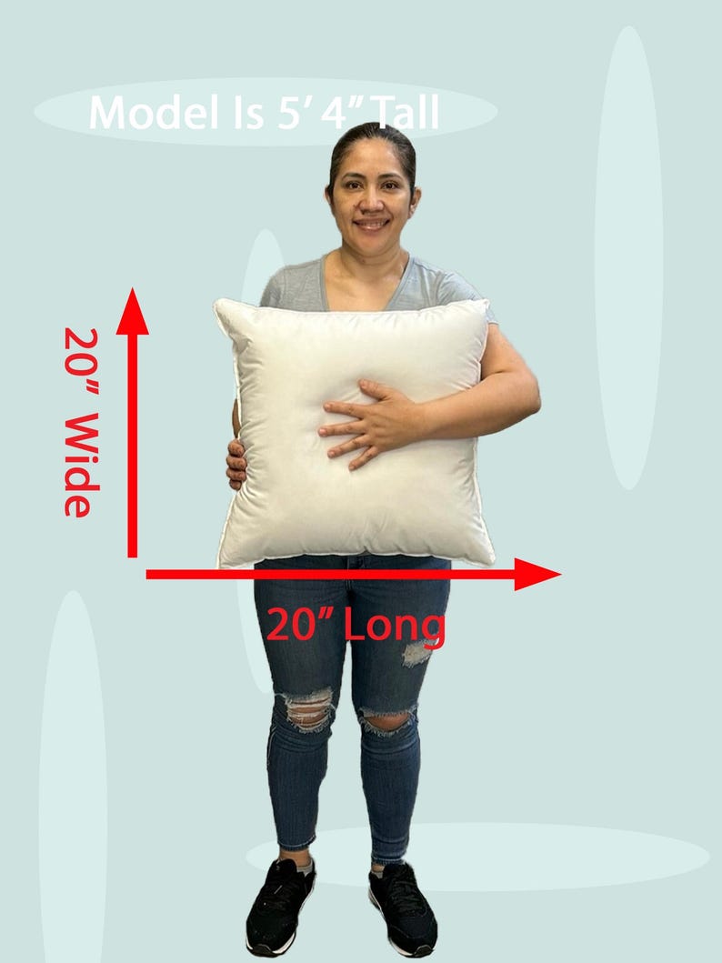 Lady holding a small 20x20 pillow insert to demonstrate the size of the pillow form and how do I correctly measure my sham.  What size insert does an 18x18 sham need?  20 by 20 pillow inserts best fits a 19 by 19 decorative pillow sham.  What size pillow does my decorative sham need.  What size pillow insert does my 18 by 18 pillow cover need?