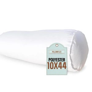 May include: White polyester bolster pillow with a tag that reads "Pillowflex Polyester 10x44".