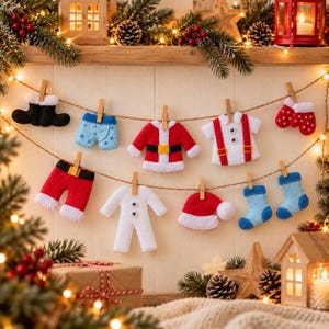 May include: A festive garland of felt holiday ornaments hanging on twine, featuring miniature items including black boots, blue patterned shorts, a Santa jacket, a white shirt with red suspenders, red mittens, red pants, a white jumpsuit, a red hat, and blue socks.