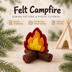 Puede incluir: Un patrón de costura y tutorial fotográfico para una fogata de fieltro en descarga digital. La imagen muestra una pequeña fogata de fieltro hecha a mano con troncos marrones y llamas superpuestas en colores amarillo, naranja y rojo.