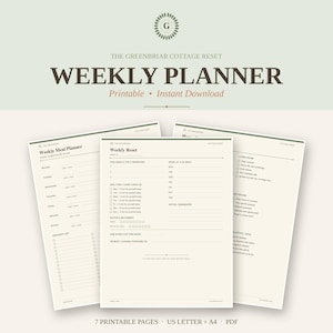 May include: A digital weekly planner set titled The Greenbriar Cottage Reset, featuring three cream-colored pages with dark brown text. The pages include sections for a weekly meal planner, a weekly reset checklist, and household cleaning tasks.
