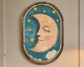 Moon Wall Decor | 36" x 24" | Vintage Eclectic Wall Art I Tarot Decor I Living Room Wall Art I