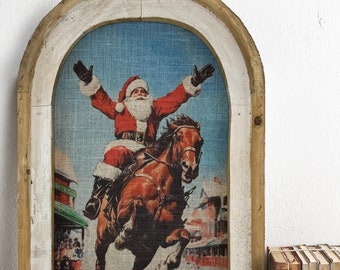 Western Santa Riding Horse Art | Eclectic Christmas Wall Decor in Rustic Arched Wood Frame | Unique Holiday Gift | Christmas Decoration |