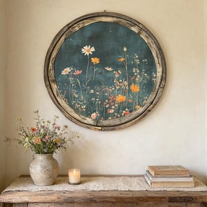 May include: A rustic wooden console table with a vase of flowers, a lit candle, and a stack of books. Above the table hangs a round floral print in a weathered wooden frame. The print features colorful wildflowers against a dark teal background.