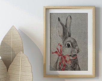 Ms. Rabbit Linen Art Print | Farmhouse Decor | Bunny Wall Art | UNFRAMED Linen Print |