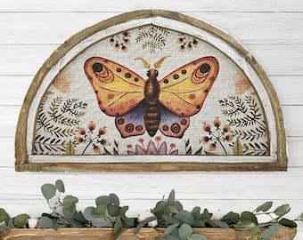 Botanical Wall Art | 30" x 18" | Butterfly Art | Bohemian Wall Decor | Linen & Wood | Farmhouse Decor | Spring Flowers