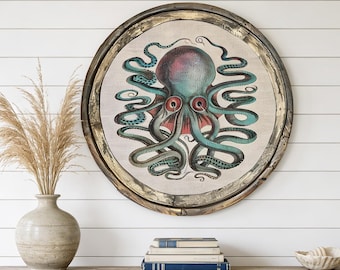 Octopus Wall Decor | 28" x 28" | Circle Wall Decor | Linen & Wood Handmade Art | Coastal Wall Decor | Beach Art | Nautical Decor