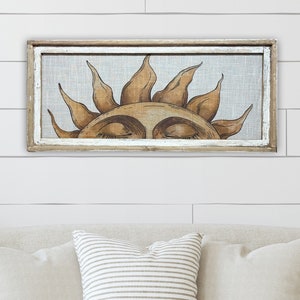 Sun Wall Art / 16" x 36" / Marco de madera maciza / Colgante de pared de lino / Decoración ecléctica / Arte de pared Terot / Estilo boho