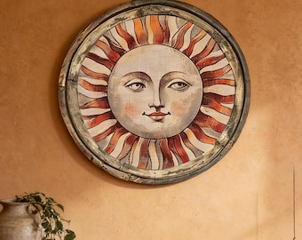 Sun Framed Wall Decor | 28" x 28" | Circle Wall Decor | Linen & Wood Handmade Art | Eclectic Decor | Bohemian Art | Tarot