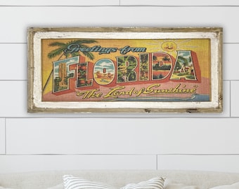 Florida Postcard Wall Art | 16" x 36" | Coastal Decor | Handmade Wooden Frame | Linen Wall Hanging | Greetings From Florida |