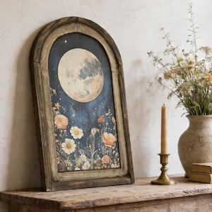 Moody Florals Art in Arched Wood Frame | Farmhouse Botanical Wall Decor | Wildflower Field Art | Eclectic Moon Wall Art