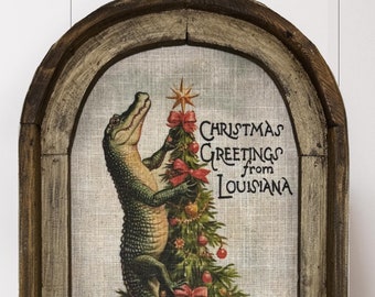 Christmas Greetings From Louisiana Wall Decor | Florida Postcard | Framed Coastal Christmas Wall Art | Christmas Tree  | Christmas Decor