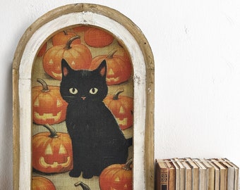 Black Cat Wall Decor | Halloween Decor | Spooky Pumpkin Art | Gothic Wall Decor | Eclectic Framed Art | 14" x 22"