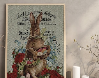 Easter Linen Art Print | Farmhouse Decor | Rabbit Wall Art | UNFRAMED Linen Print |