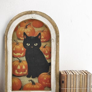 Black Cat Wall Decor | Halloween Decor | Spooky Pumpkin Art | Gothic Wall Decor | Eclectic Framed Art | 14" x 22"