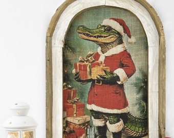 Florida Christmas Wall Decor | Alligator Santa | Framed Coastal Christmas Wall Art | Christmas Tree  | Funny Christmas Decoration |