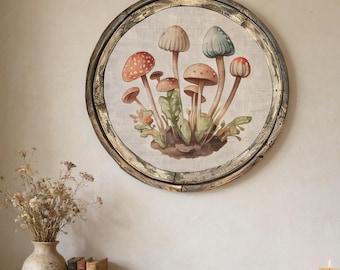 Mushroom Framed Wall Decor | 28" x 28" | Circle Wall Decor | Linen & Wood Handmade Art | Cottagecore Decor | Bohemian Art | Floral Art