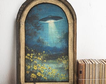 Eclectic Wall Art in Solid Wood Arched Frame | Cottagecore Wall Decor | Moody Floral Wall Art | Boho Gift | Whimsical Blue Flowers with UFO