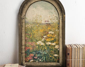Wildflower Linen Art Print | Arched Wooden Farmhouse Frame