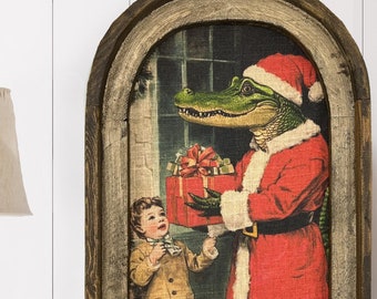 Florida Xmas Wall Decor | Alligator Santa | Framed Coastal Christmas Wall Art | Christmas Tree  | Funny Christmas Decoration |