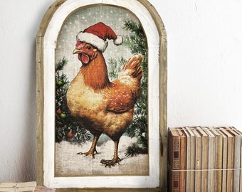 Chicken Wall Art | 14" x 22" | Christmas Mantel Decor | Winter Woodland Wall Hanging | Farmhouse Shelf Decor | Christmas on the Farm