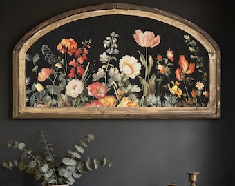 Flowers Wall Art | 36" x 20" | Dark Floral Arched Wall Decor | Moody Wall Art | Modern Farmhouse | Delicate Florals
