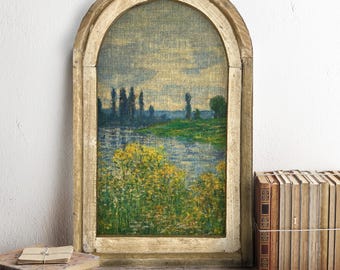 Coastal Landscape Wall Art, Framed Linen Artwork in Arched Wooden Frame