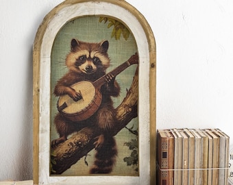 Raccoon Playing Banjo Wall Art | 14" x 22" | Woodland Spring Decor | Cottagecore Animals | Rustic Farmhouse Decor |