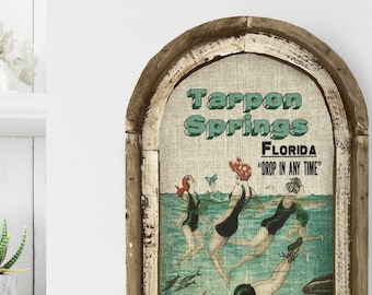 Tarpon Springs, Florida Wall Art | Florida Postcard | Coastal Wall Decor | Mermaid Wall Art | Beach House | Wood & Linen Wall Art |