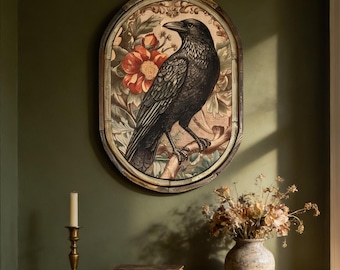 Crow Wall Decor | 36" x 24" | Vintage Eclectic Wall Art I Floral Decor I Living Room Wall Art I