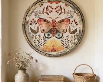 Butterfly Framed Wall Decor | 28" x 28" | Circle Wall Decor | Linen & Wood Handmade Art | Cottagecore Decor | Bohemian Art | Floral Art