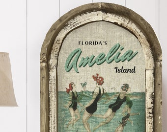 Amelia Island Wall Art | Florida Travel Poster | Coastal Wall Decor | Beach Wall Art | Handmade Wood & Linen Wall Art |